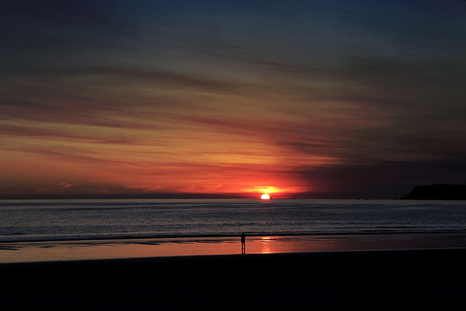 ocean view during sunset, nature, outdoors, dawn, dusk, sky, red sky HD wallpaper