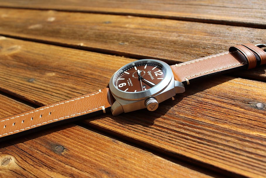 mens, clock, automatic, wood floor, sun, leather bracelet, silver HD wallpaper
