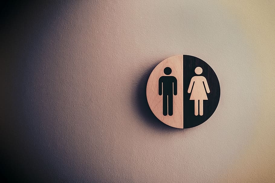 Male and Female Signage on Wall, art, bathroom, conceptual, dark