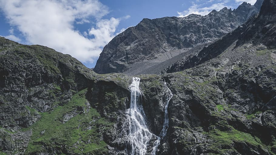 nature, landscape, falls, mountain, hills, clouds, sky, green HD wallpaper