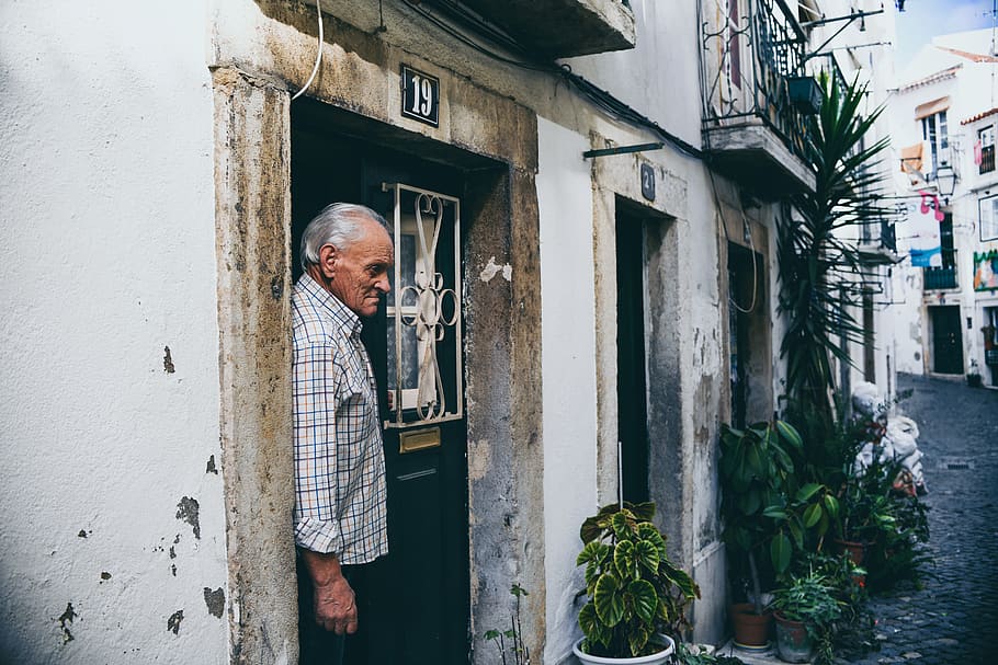 man standing on door, senior adult, architecture, built structure HD wallpaper
