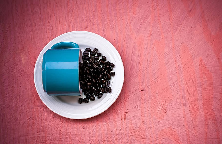 Blue Ceramic Tea Cup With Beans on Plate, blue cup, blue mug HD wallpaper