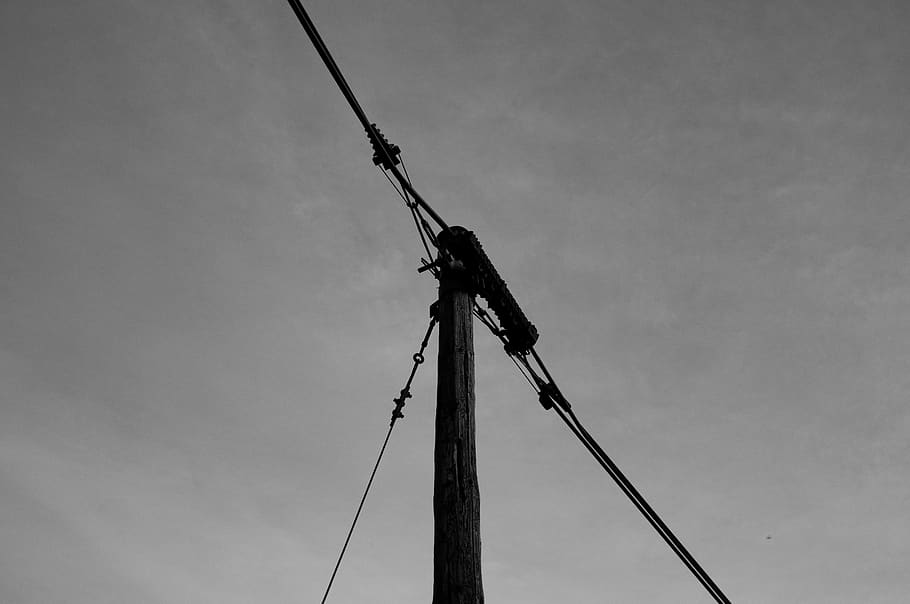 black utility pole, silhouette, cable, rope, tripod, electrical device