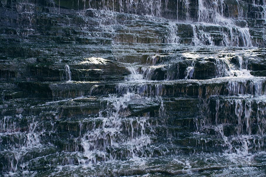 Waterfalls on Gray Rock Formation, abstract, cascade, cold, cool HD wallpaper