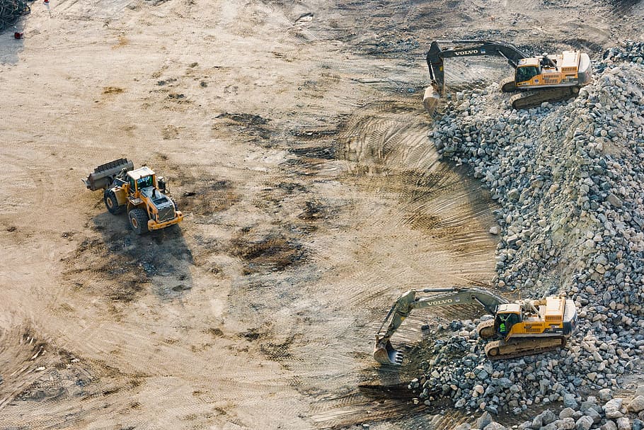 Three Yellow Excavators Near Front End Loader, action, bulldozer
