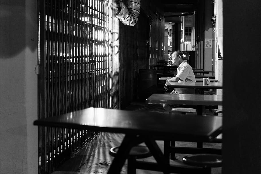 singapore, elderly, dim light, table, black and white, indoors HD wallpaper