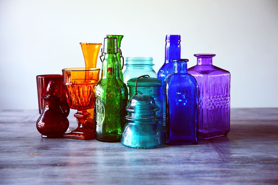 Assorted-color Translucent Glass Containers, bottles, bright, HD wallpaper