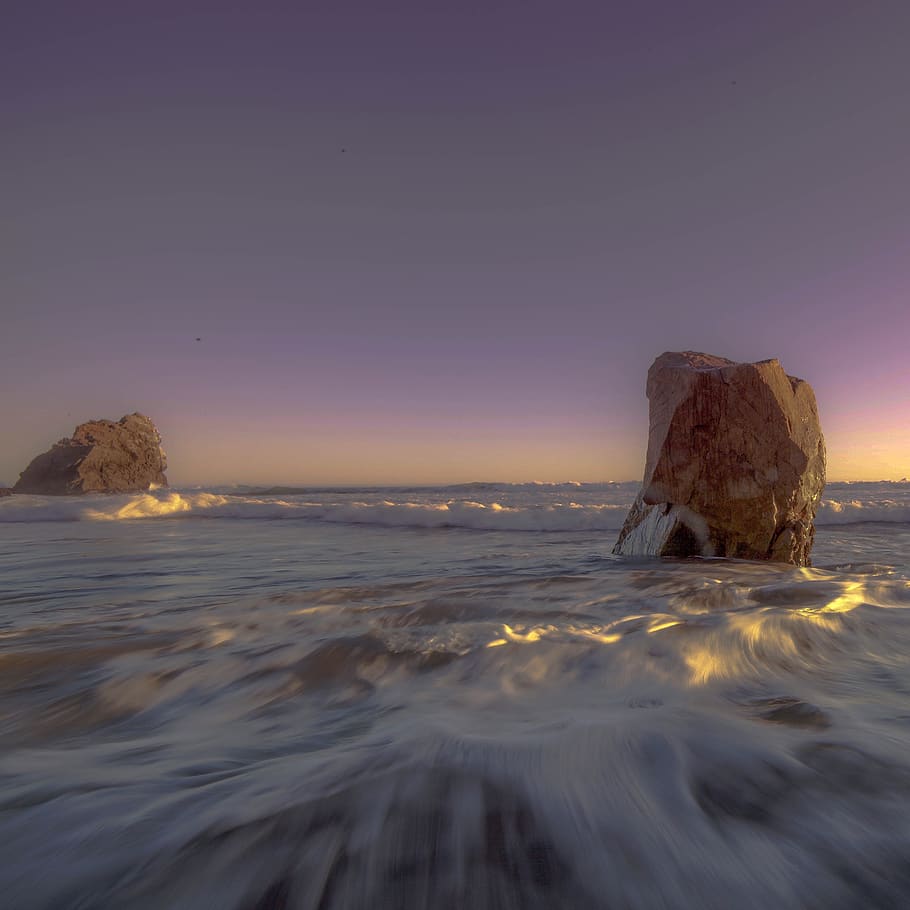 sea, ocean, water, waves, rocks, nature, sky, sunlight, sunset HD wallpaper