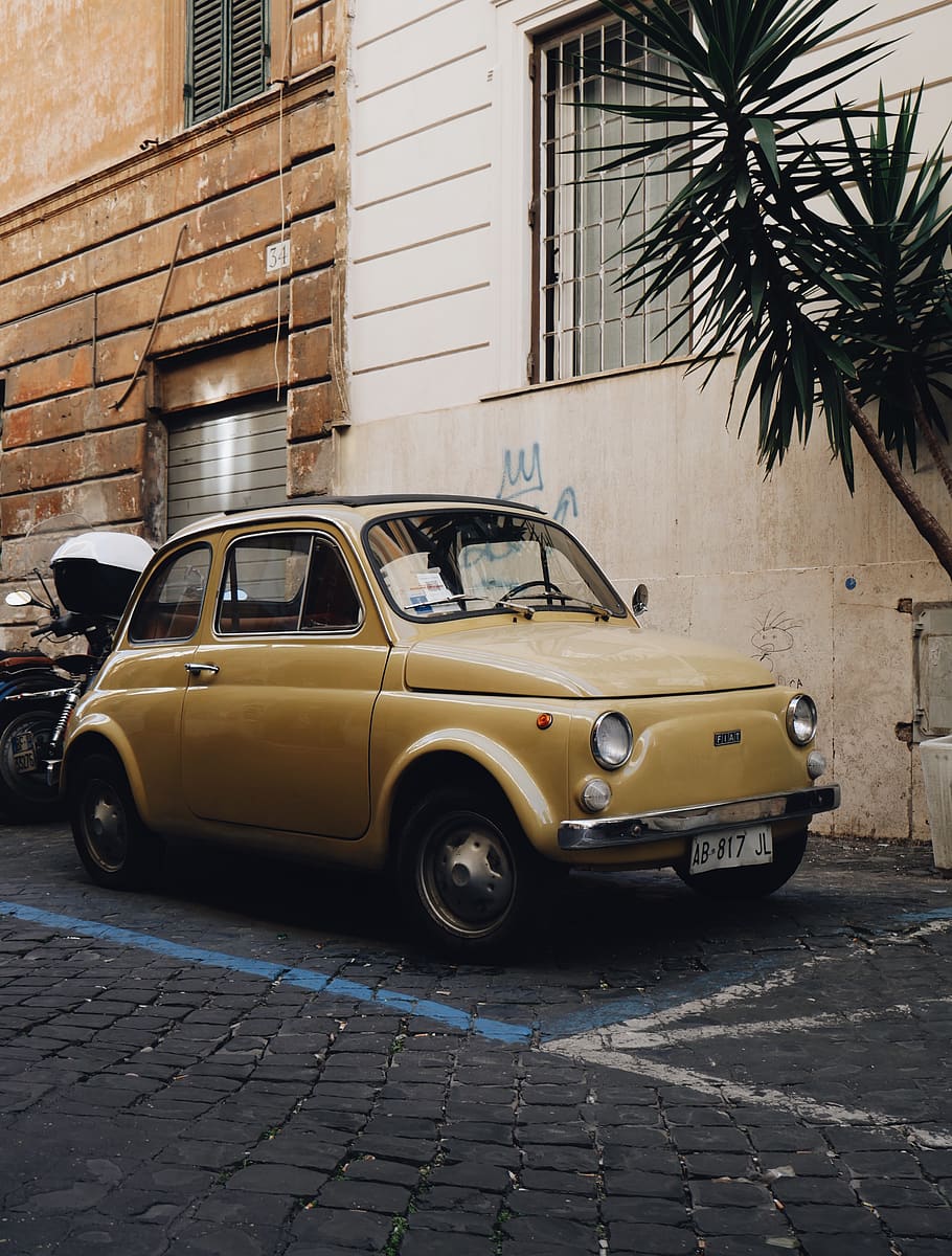 parked yellow car, architecture, built structure, mode of transportation HD wallpaper