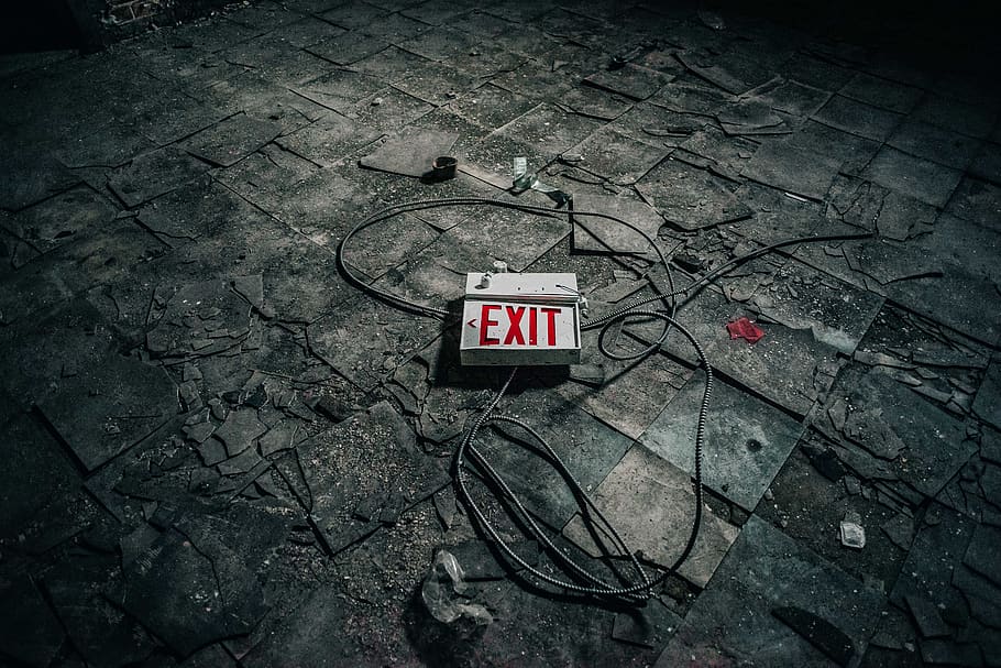 abandoned, broken, concrete, dark, dirty, exit, sign, communication HD wallpaper