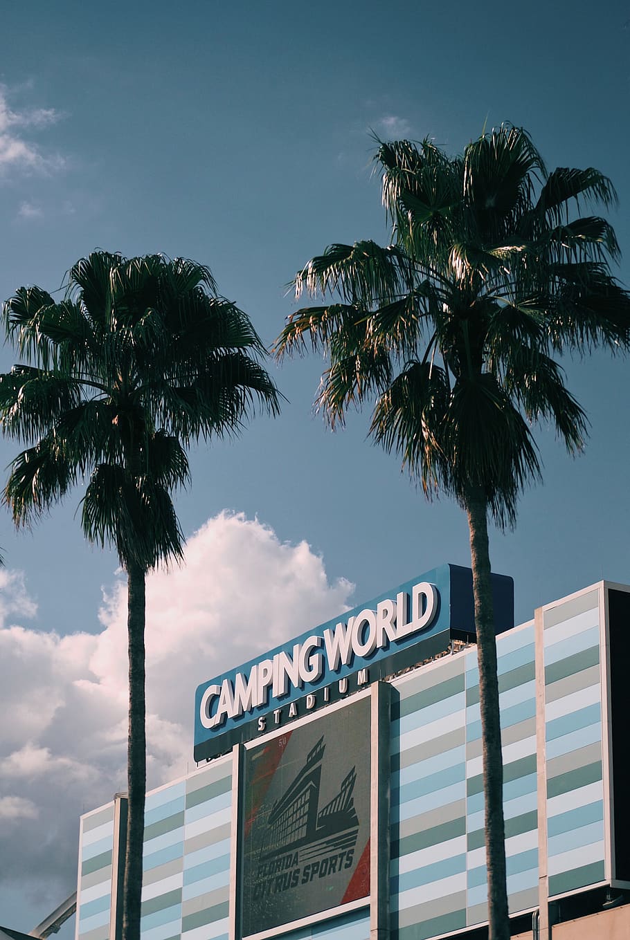 Camping World building, tropical climate, palm tree, sky, text HD wallpaper