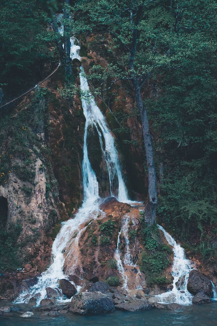 waterfalls near tree, motion, beauty in nature, forest, flowing water HD wallpaper