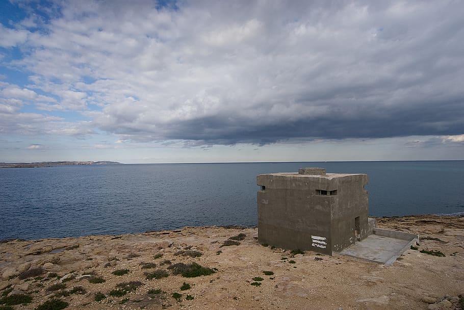 malta, sea, landscape, cloud, bunker, concrete, expecting, lonely HD wallpaper