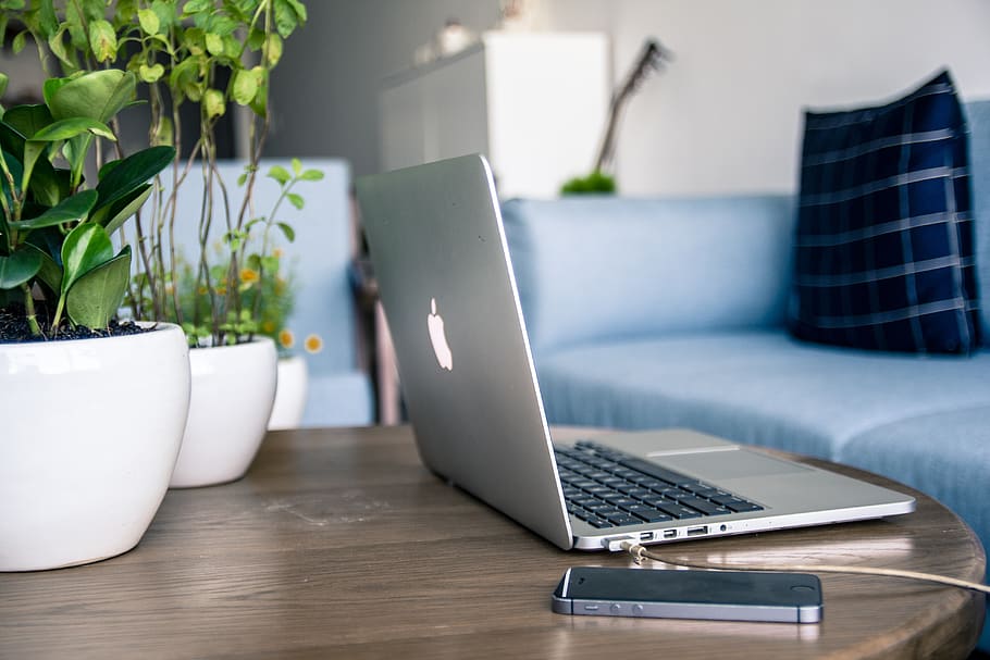Apple Macbook, blur, cellphone, close-up, contemporary, couch HD wallpaper