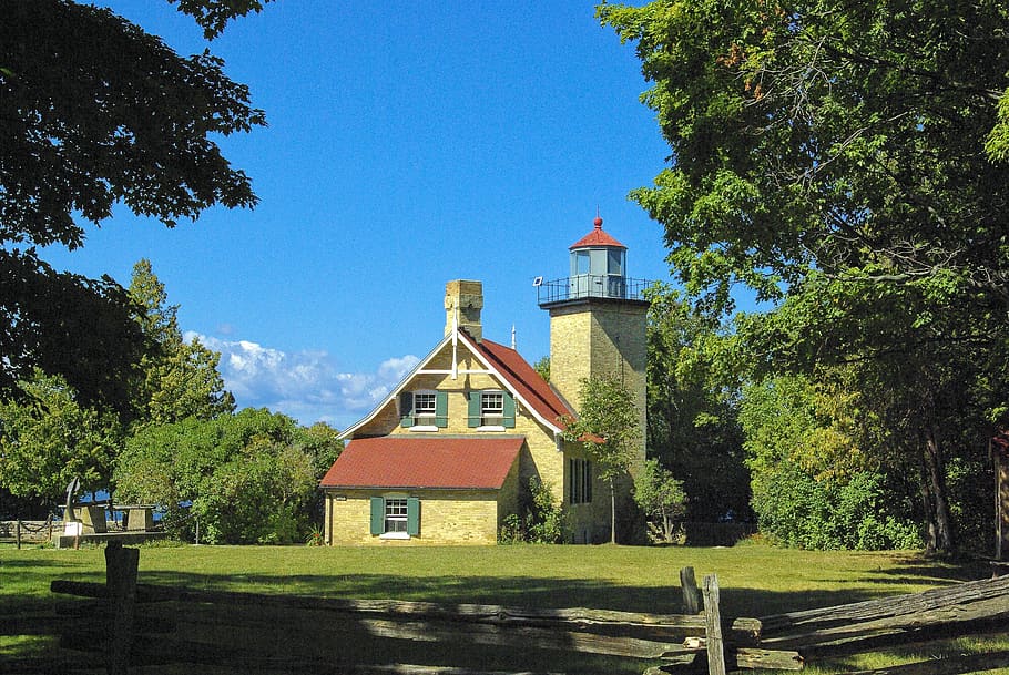 HD wallpaper: eagle bluff light, lighthouse, peninsula, state, park ...