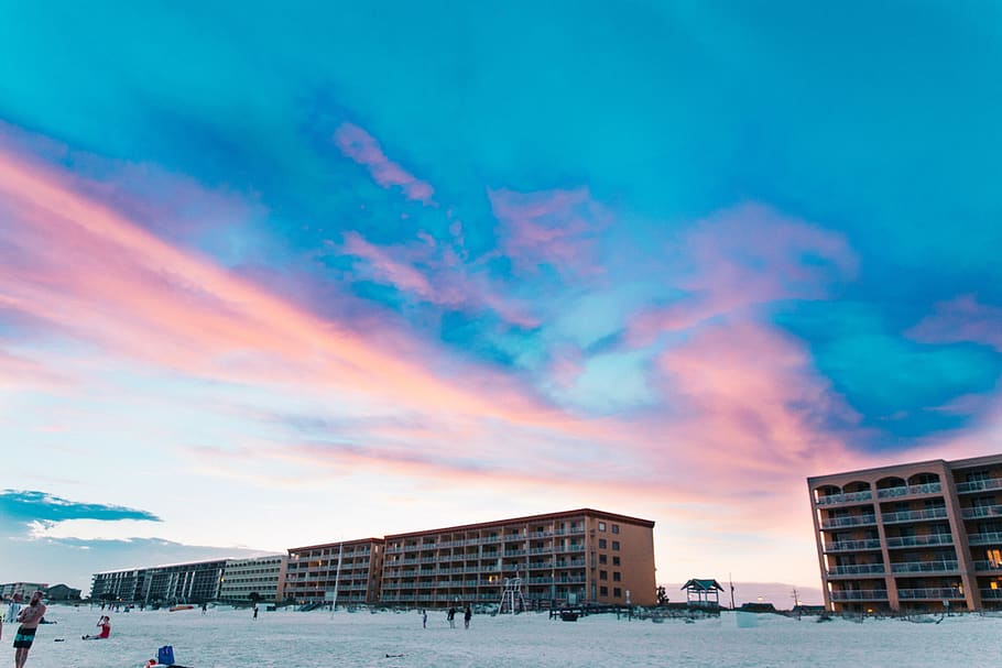 sunset, clouds, beach, condo, sky, blue sky, cloud - sky, building exterior HD wallpaper
