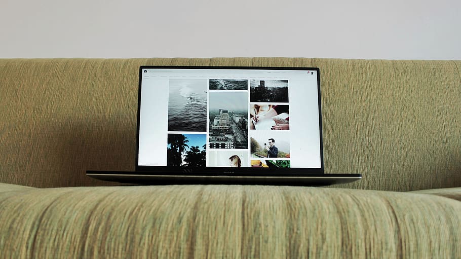 black laptop computer on couch, technology, furniture, indoors HD wallpaper