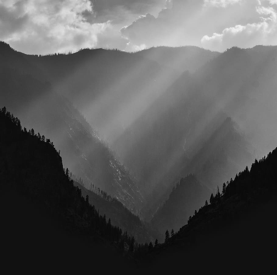 grayscale photography of mountains, sunlight, nature, united states, HD wallpaper