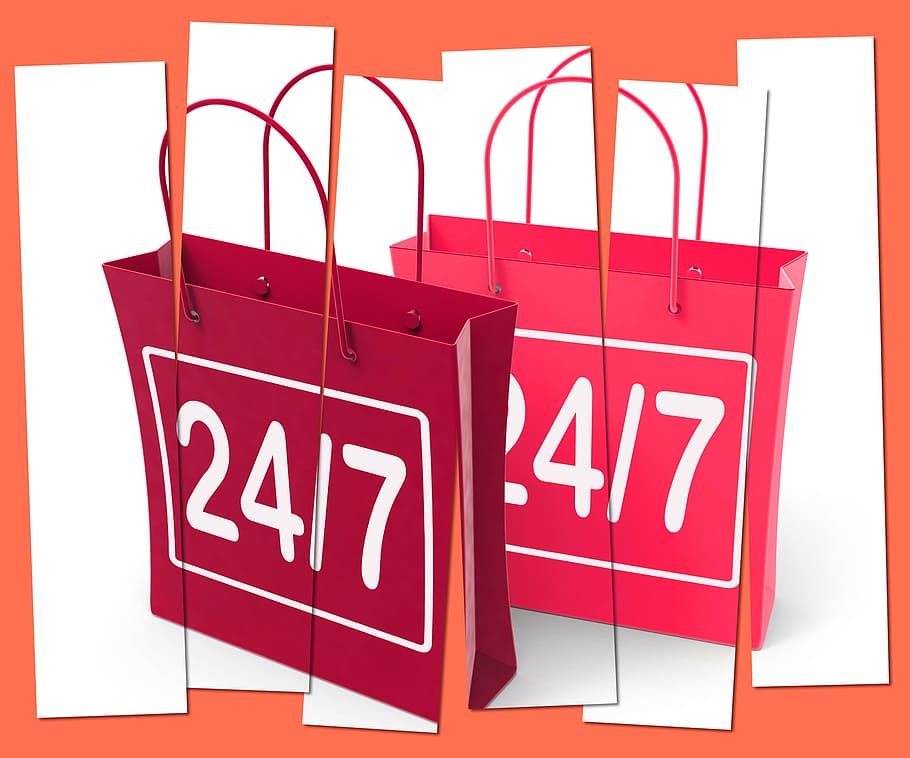 Twenty-four Seven Shopping Bags Showing Hours Open, 24, 247, 247 bag