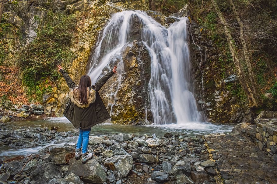 waterfall, nature, river, scenic, scenery, winter, girl, teenager HD wallpaper