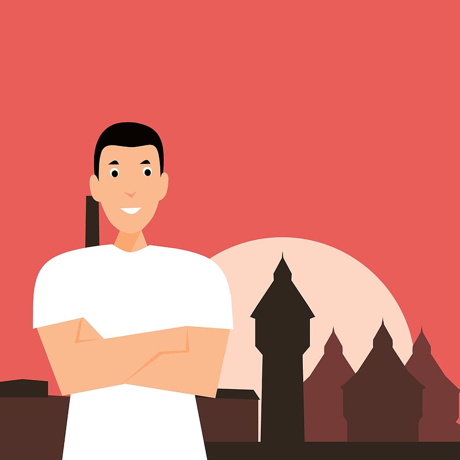 Illustration of man with arms crossed., building, professional HD wallpaper