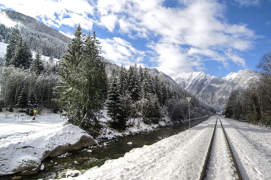 Railway Surrounded by Trees Covered With Snow, alps, austria HD wallpaper
