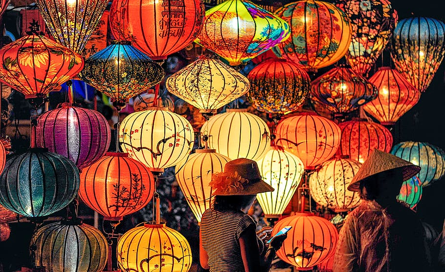 Two Person Standing Near Assorted-color Paper Lanterns, art, balloon, HD wallpaper