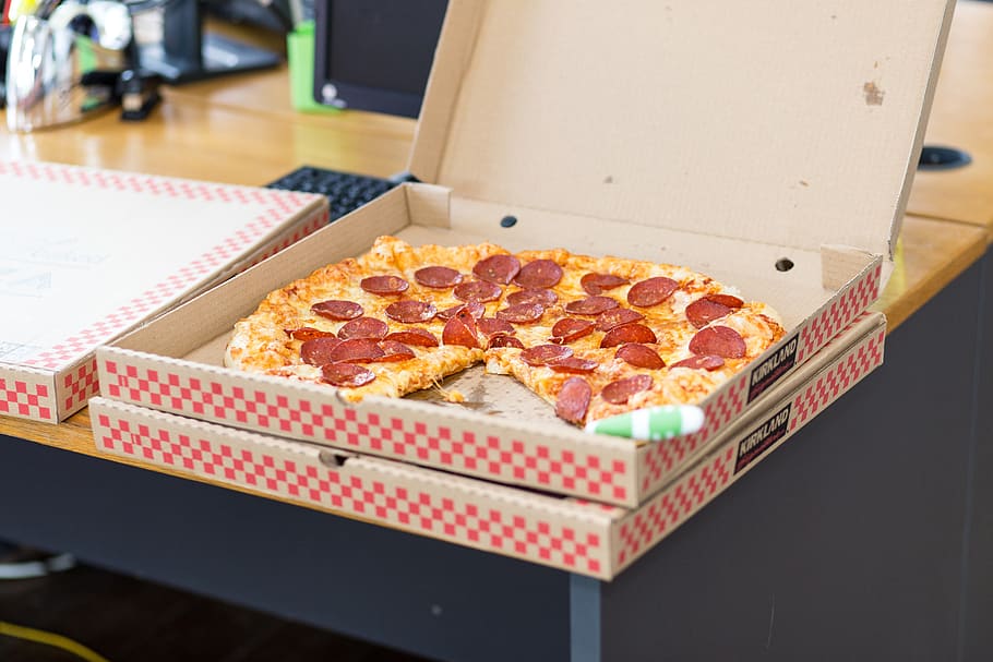 Pizza With Box on Table, baked, cheese, close-up, crust, delicious HD wallpaper