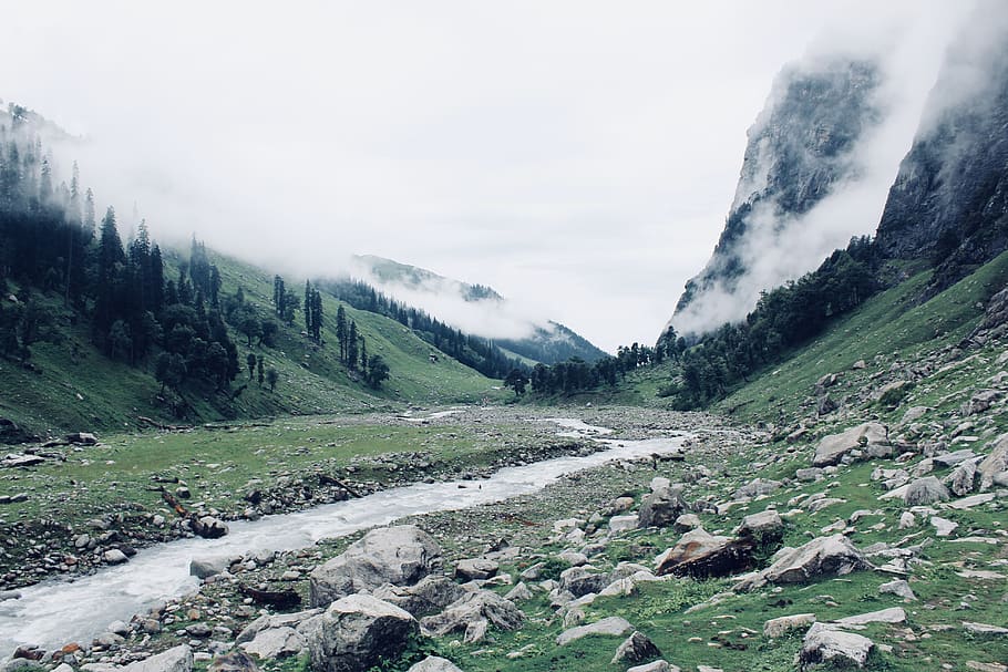 River Between Mountains With Fogs, clouds, daylight, daytime HD wallpaper