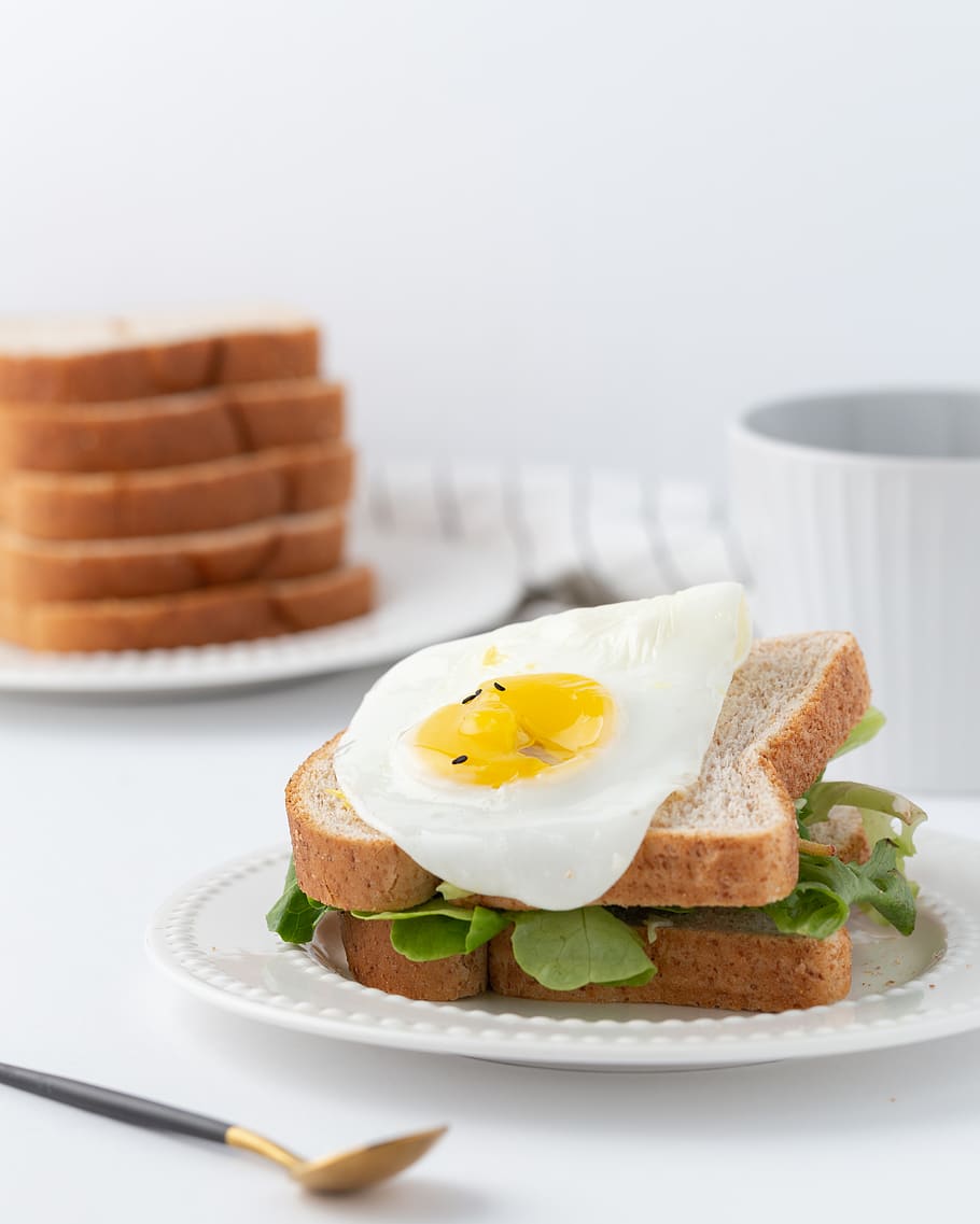 leaf vegetable with bread and egg, food, food and drink, plate HD wallpaper