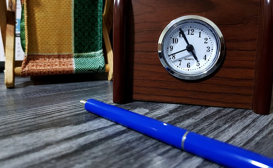clock, pen, table, office, time, wood - material, number, no people HD wallpaper
