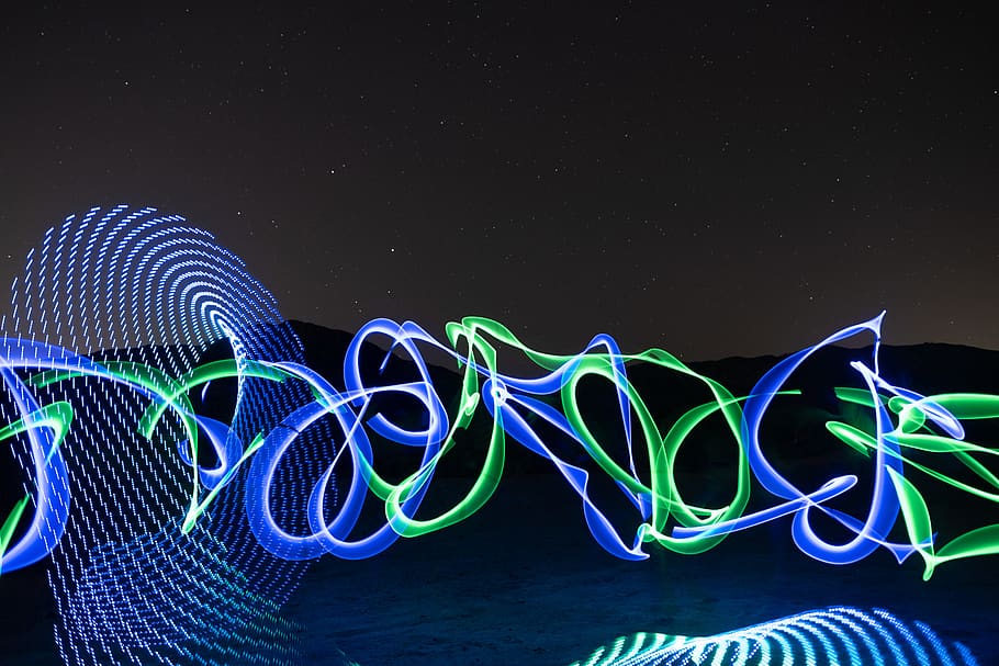 blue and green light artwork, night, illuminated, long exposure HD wallpaper