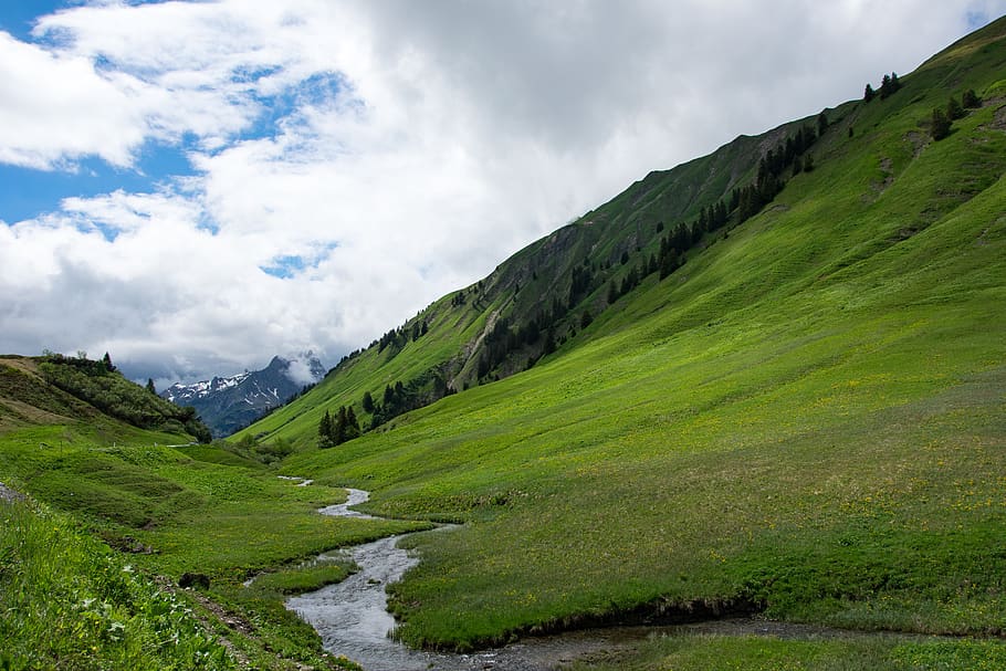 stream, alps, austria, cloudy sky, cloud - sky, scenics - nature HD wallpaper