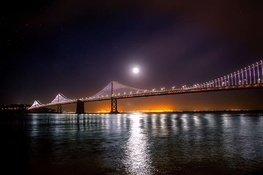 san francisco, oakland, bay bridge, water, reflections, moon