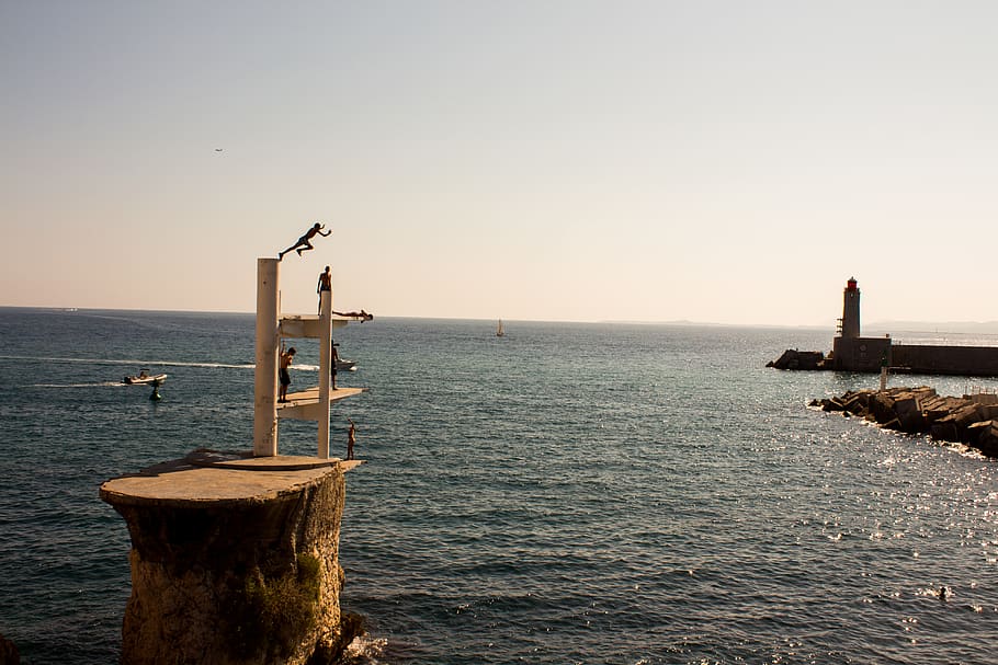 france, nice, sea, jump, water, sky, nature, horizon over water, HD wallpaper