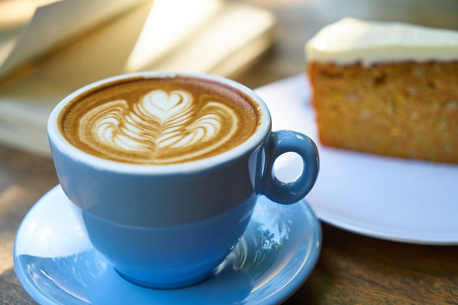 Capuccino on Mug, blue, blur, break, brown, caffeine, cake, close-up HD wallpaper