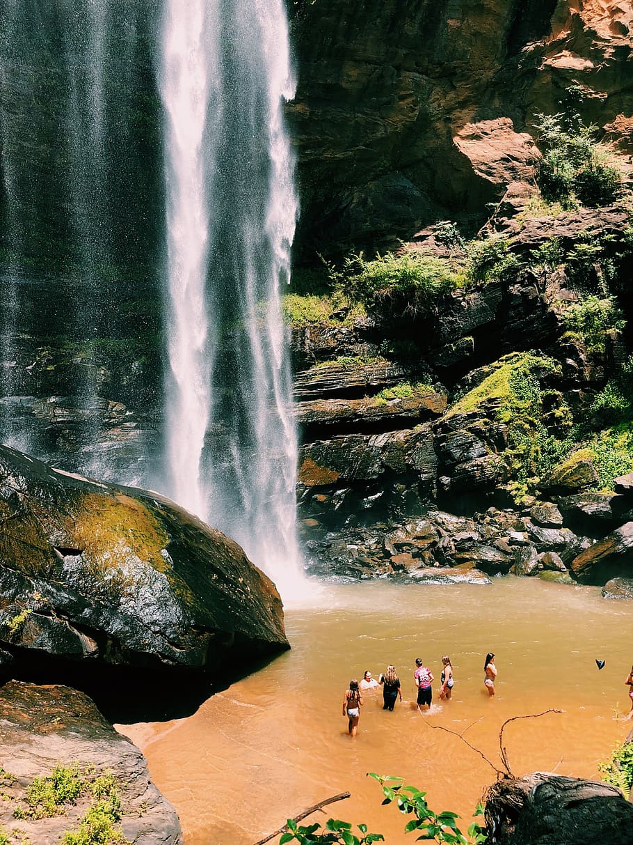 waterfall, summer, swimhole, rock, long exposure, beauty in nature HD wallpaper