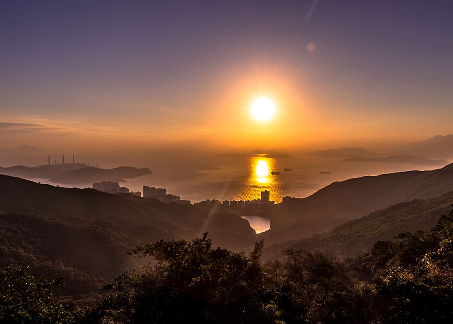 orange setting sun over bay, nature, outdoors, light, flare, sunlight HD wallpaper