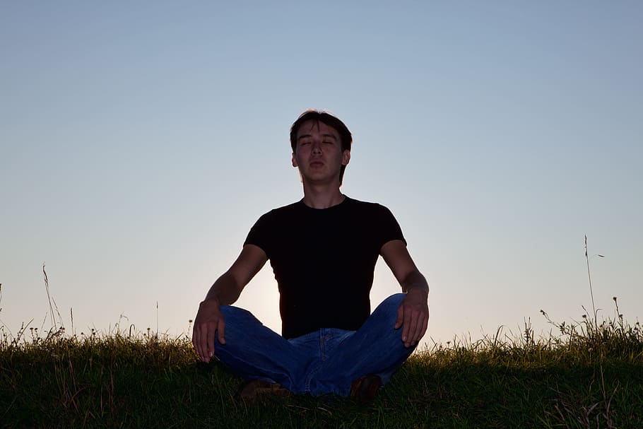 healthy, horizon, image, lotus, meditating, men, nature, one HD wallpaper