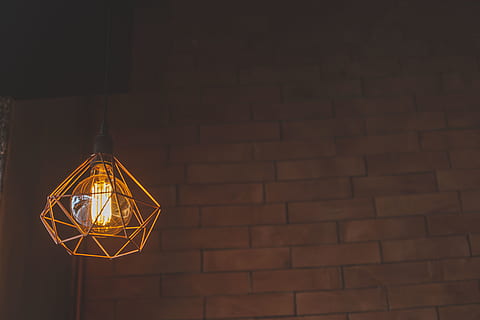 Pendant Lamp Turned on, backlight, brick wall, bricks, brown HD wallpaper