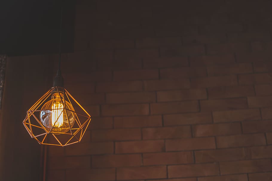 Pendant Lamp Turned on, backlight, brick wall, bricks, brown HD wallpaper