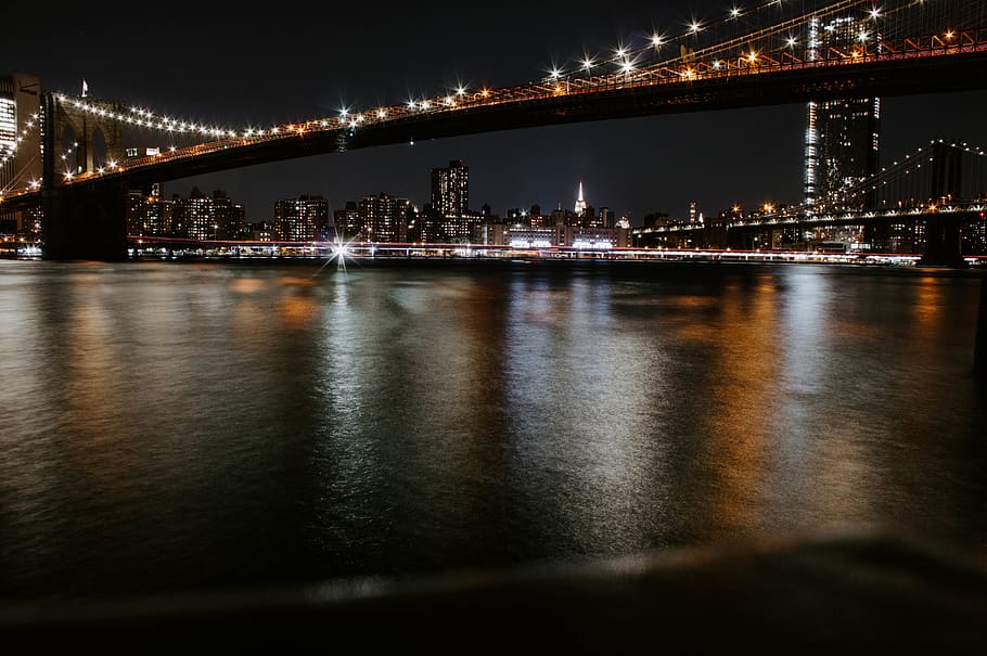 calm sea, bridge, building, united states, brooklyn bridge park HD wallpaper
