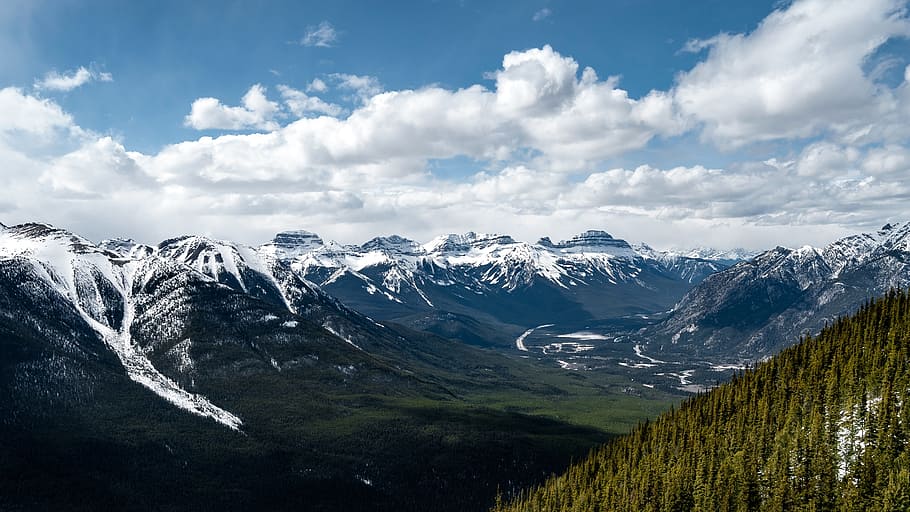 cloud, sky, mountain, highland, trees, plant, nature, landscape HD wallpaper