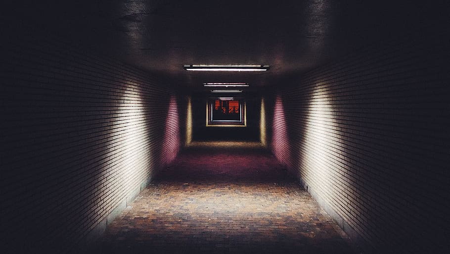 selective focus photography of tunnel, corridor, lighting, building, HD wallpaper