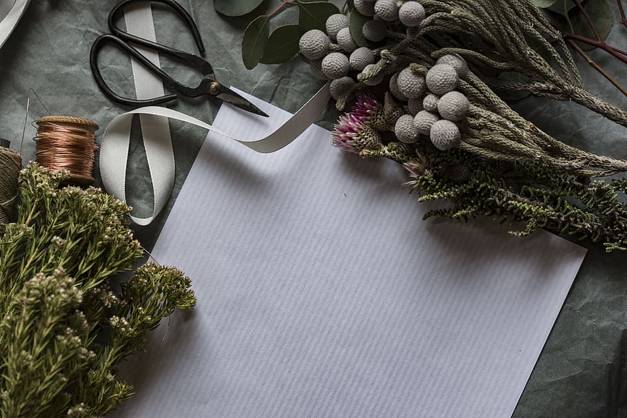 flay lay photo of paper, plants and scissors, flower, gift, decor HD wallpaper