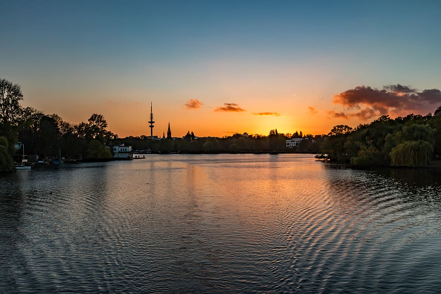 alster, evening, sunset, landscape, mood, travel, atmospheric HD wallpaper