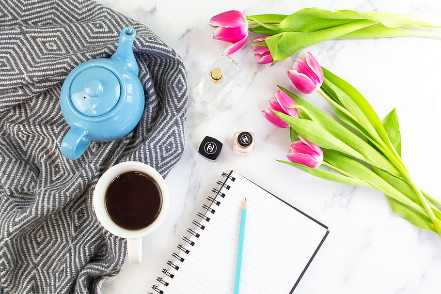 cup of coffee beside tulips and spiral notebook, coffee cup, text, HD wallpaper
