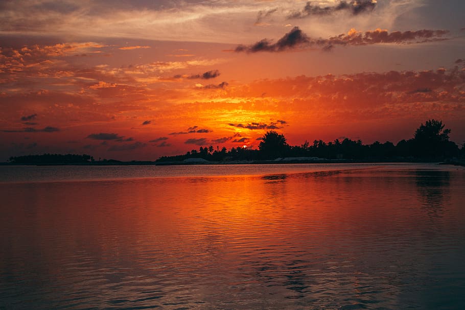 maldives, gan, sunset, clouds, sky, orange, water, scenics - nature HD wallpaper