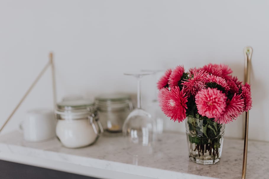 Beautiful fresh pink flowers on marble shelf, flora, computer HD wallpaper