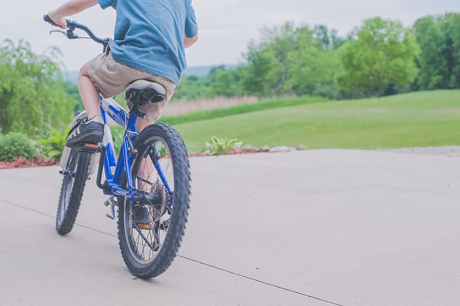 Person Riding Blue Bicycle, biking, boy, cycling, fun, outdoors HD wallpaper